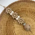 Silicone Daisy Flower Pacifier Clip With Wooden Beads And Metal Clip Beige Variant - Khaki And Cream