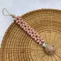 Pink flower silicone pacifier clip baby soothing anti-drop chain with natural wooden bead - Pink Flat Beads