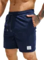 Men's casual solid navy blue corduroy five-point shorts featuring elastic drawstring waist. - M / Navy Blue