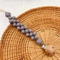 Silicone pacifier clip with grey beads and wooden clip for baby soothing anti-drop chain - Gray Round Bead