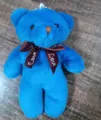 Small blue plush bear keychain pendant with brown Love ribbon bow - 12cm / Sapphire Blue