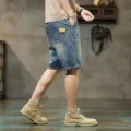 Men vintage washed denim shorts casual loose fit five-point jeans stylish streetwear summer. - 28 / Vintage Blue