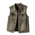 Men's vintage washed denim vest casual sleeveless jacket loose fit streetwear workwear top - M / Grey Green