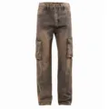 Men's distressed washed brown cargo jeans with multiple pockets, loose straight fit casual pants. - 30 / Vintage Yellow
