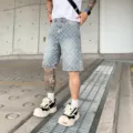 Men's washed denim shorts vintage street style high waist distressed printed bermuda shorts - S / Blue