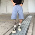 Men's American high street washed printed denim shorts, casual street style apparel variant. - Ice Blue