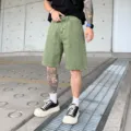 Men's washed green denim shorts casual streetwear distressed loose fit summer fashion bottoms - Army Green