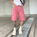 Mens pink denim shorts streetwear allover print casual summer shorts knee length apparel - Coral Pink