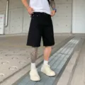 Black denim shorts for men, casual streetwear washed print style, regular fit variant. - Pure Black