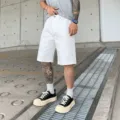 Men's white denim shorts, American high street style, casual five-point summer shorts. - Pure White