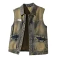 Vintage washed denim vest for men, retro sleeveless jacket with pockets and lapel design. - M / Tops / 036 Yellowish Blue