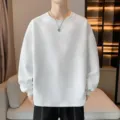 Heren wit gestructureerd crewneck sweatshirt, casual losse trui met lange mouwen. - M / Wit