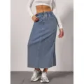 Women's casual blue high waist denim midi skirt, comfortable elastic waistband straight fit. - S / Light Blue