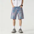 Casual blue tie-dye denim shorts for men, loose fit knee-length five-point streetwear jeans. - S / Blue