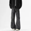 American vintage style multi-pocket washed dark grey cargo flare denim pants for men and women. - S / Gray