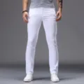 Men casual white skinny jeans slim fit denim trousers for daily wear and street style fashion - White