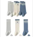 Infant knee-high socks detail view, striped patterns and cute number 5 design, soft cotton. - 0-1 Years / 110329 Denim Blue