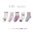 Kids socks set of 5 pairs, cute purple and white cotton blend mid-calf variant style. - 0-1 Years / Floral Butterfly