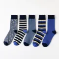 Men's cotton crew socks multi-pack casual stripe bird print stretchy comfortable breathable - Navy Blue