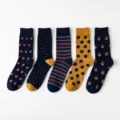 Men's mid-calf cotton socks with assorted patterns, comfortable stretch crew socks for daily wear. - Black
