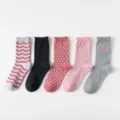Comfortable women's mid-calf cotton socks set featuring cute stripes polka dots and trendy style. - 12+ Years Old / Pink Gray Polka Dot