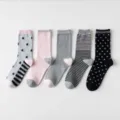 Comfortable cotton mid-calf socks set with cute star, stripe and polka dot patterns. - Pink Gray Star