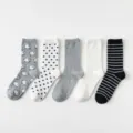 Casual cotton mid-tube socks set, featuring cute sheep, polka dots, and stripes for daily wear. - 12+ Years Old / White Gray Polka Dot