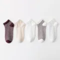 Cotton women low cut socks 5 pairs set, casual striped and polka dot summer basic footies - 12+ Years Old / Burgundy & Off-White