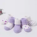 5-Pair Set Baby Cotton Loop Socks Purple White Cute Patterns Thick Winter Infant Warm Hosiery - 0-1 Years / B063-Purple