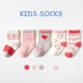 Cute kids mid-tube socks set, soft cotton infant socks with sweet heart patterns and stripes. - 0-1 Years / Pink Heart