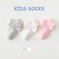Kids cute ruffle cotton mid-tube socks 3-pair set, breathable comfortable baby socks grey white pink. - 3-5 Years / Style B185