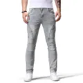 Jeans de mezclilla elásticos y desgastados de motociclista para hombre con cremalleras. - 28 / Azul