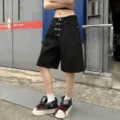 Μοντέρνα μαύρα τζιν σορτς για γυναίκες, casual streetwear στυλ με μεταλλικές αγκράφες. - S / 14027 Μαύρο