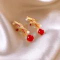 Exquisite gold-plated red stone earrings, French retro detailed close-up, luxury chic jewelry - 219# Square