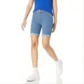 Primo piano dettagliato di pantaloncini da ciclista in denim a vita alta azzurro chiaro. - XS / Celeste