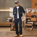 Retro Camouflage Patchwork Jeansjacke und lose gerade Jeans Outfit Set fuer Herren - Jacken in Größe M / Oberteile / 092+9919 Spezialblau