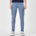 Men's blue stretch cargo jeans with multi-pockets, casual denim trousers for daily wear. - XS-29 / Blue