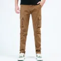 Men's brown cargo denim jeans casual multi-pocket stretch trousers for daily outdoor wear. - Khaki