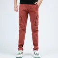 Men's multi-pocket cargo jeans stretch casual trousers stylish outdoor streetwear - Red