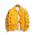 Herren gelbe distressed Jeansjacke mit coolen Grafikprints und ausgefransten Details. - S / Oberteile / Gelb