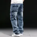 Men's vintage blue cargo jeans with multi-pockets and relaxed wide-leg fit for casual streetwear. - 30 / Light Blue