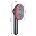 Handheld pressure shower head with red faceplate and dimension specification details. - 4-Gear Rotating Shower Head / Grey Red