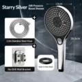 Pressurized shower head set in starry silver, 3 modes with 1.5m stainless hose. - Pressurized Shower Head + 1.5m Hose + Bracket / Dazzling Silver
