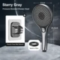 High pressure shower head with large panel 13cm, 3 modes handheld bath shower with bracket - Pressurized Shower Head + Punch-Free Bracket / Starry Gray