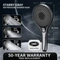 Three-setting pressurized shower head with large panel and silicone nozzles for easy control. - Three-Speed Pressurized Shower Head - Large Panel / Starry Gray