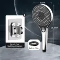 High-pressure 3-mode shower head with large panel and bracket, silver finish for bathroom. - Pressurized Shower Head + Punch-Free Bracket / Dazzling Silver