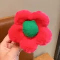 Cute red plush flower hair claw clip with a green center for autumn winter fashion - Red Flower