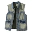 Men's Vintage Washed Denim Vest Sleeveless Retro Cowboy Jacket Multi Pocket Outerwear - M / 030 Snow Blue