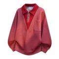 Herren Herbst Winter Vintage Stil Falsche Zweiteilige Pullover Sweatshirt Groesse - L / Oberteile / Rot