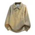 Herren Freizeitmäßiger Waffelstrick Fake-Zweiteiler Polo-Pullover in Khaki, Retro College-Stil. - L / Oberteile / Khaki